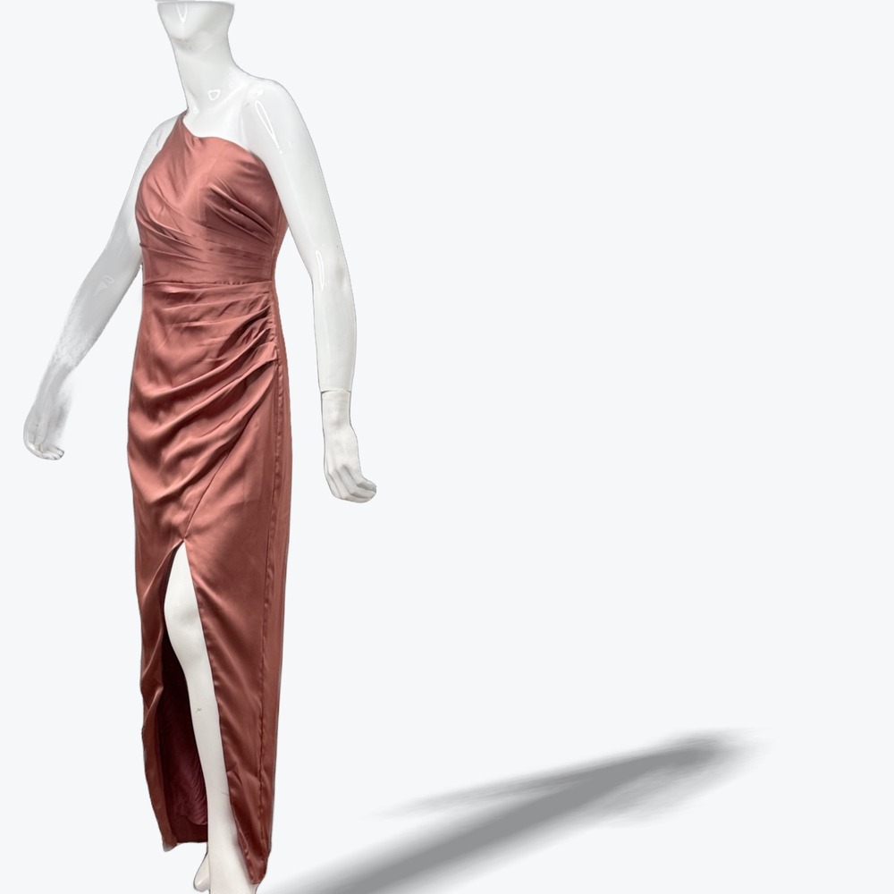 AW‎ Bridal Bridesmaid Gown Mauve Satin One Shoulder Ruched Maxi Dress  Size 4
